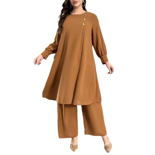 Amazon Middle East Dubai Loose Casual Solid Color Crew Neck Button Long Dress Woman Set Fashion Office Wear