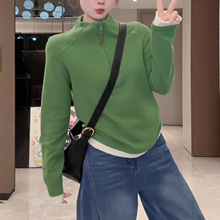 假两件撞色德绒半拉链立领卫衣女秋冬新款韩系磨毛修身打底衫上衣