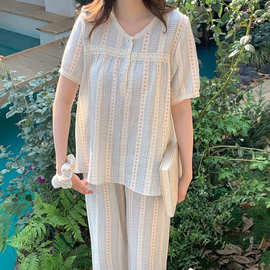 跨境专供外贸女士韩系田园碎花双层棉纱花边家居服睡衣套带发圈女