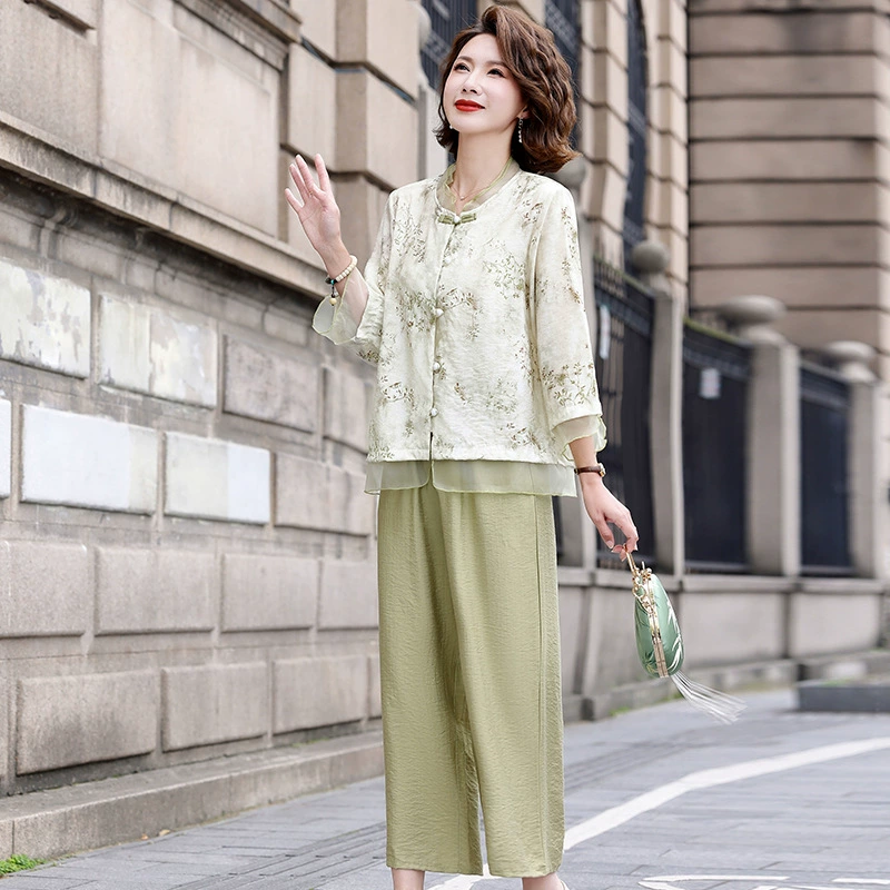 Мама летняя одежда тонкая ретро национальная ветреная маленькая рубашка из двух частей среднего и пожилого женского возраста летняя одежда с половинным рукавом