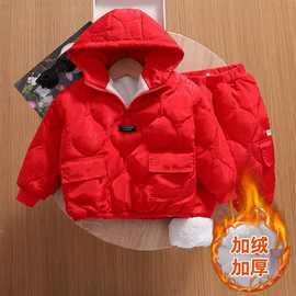 女童男童冬季加绒加厚加棉套装棉服女宝宝2025新款暖冬装洋气时髦