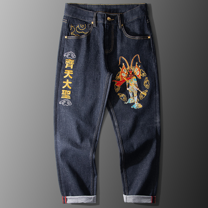 Джинсы, модные штаны, осенние, китайский стиль, с вышивкой, свободный прямой крой