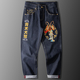 Джинсы, модные штаны, осенние, китайский стиль, с вышивкой, свободный прямой крой