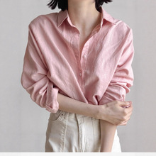 长袖粉色衬衫女2025早秋新款通勤宽松休闲高端棉麻衬衣气质上衣女
