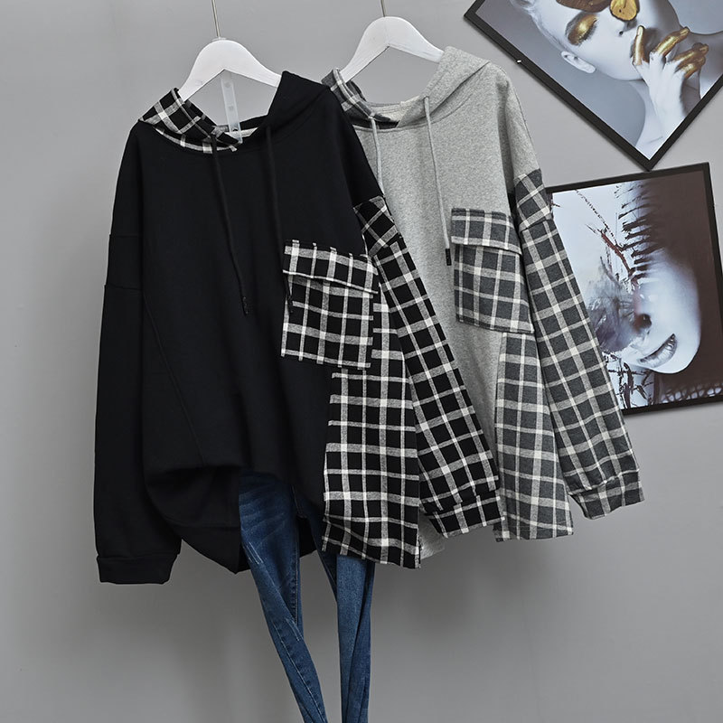Extra Large Size 1.00 kg-150.00 kg Thin Sweater Women's 2022 Spring and Autumn Chubby Girls Korean Loose Stitching Plaid Hooded Top
