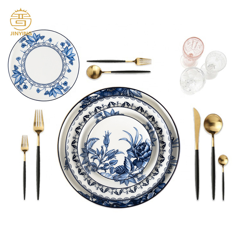Fine Blue Flower Ceramic Porcelain Peony Tableware suit Luxury Phnom Penh Bone China Pottery Tableware Plate
