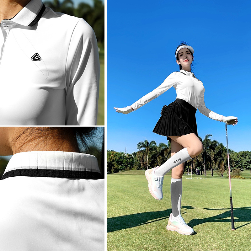 Áo thun dài tay golf nữ PGM cổ sườn ôm eo — YF744 [Cổ sườn có màu/vải co giãn] Áo sơ mi POLO màu trắng