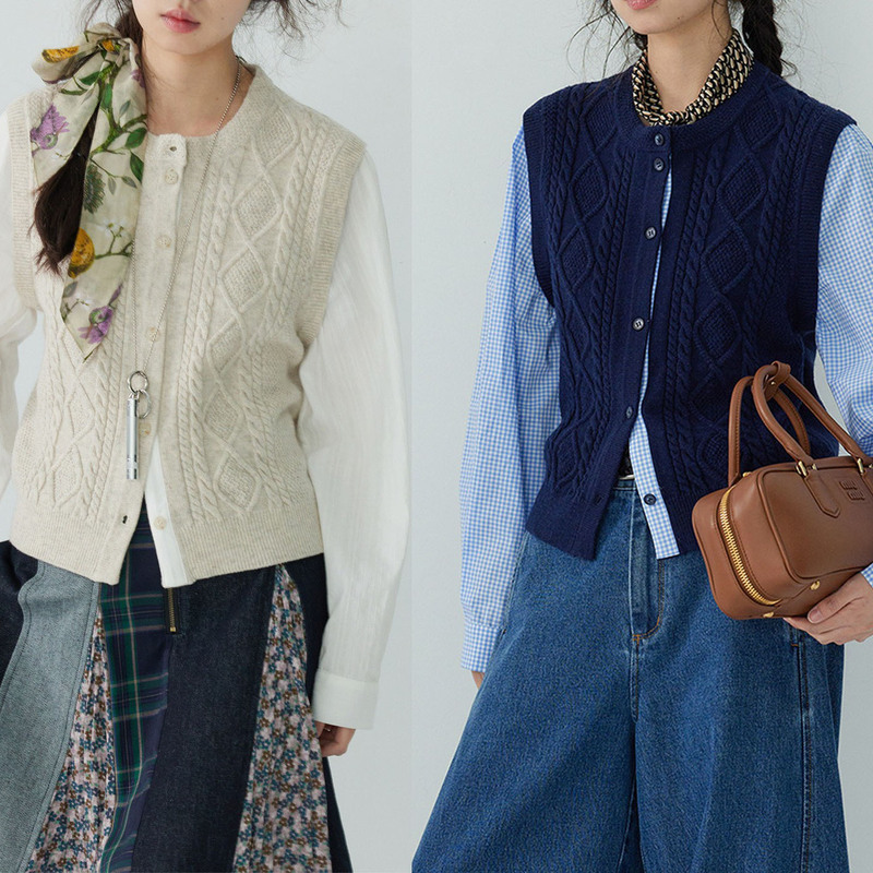 "Sketch Workshop" "Celeste" Merino Wool Fake Two-Piece Stitched Wool Knitted Cardigan Women's Top