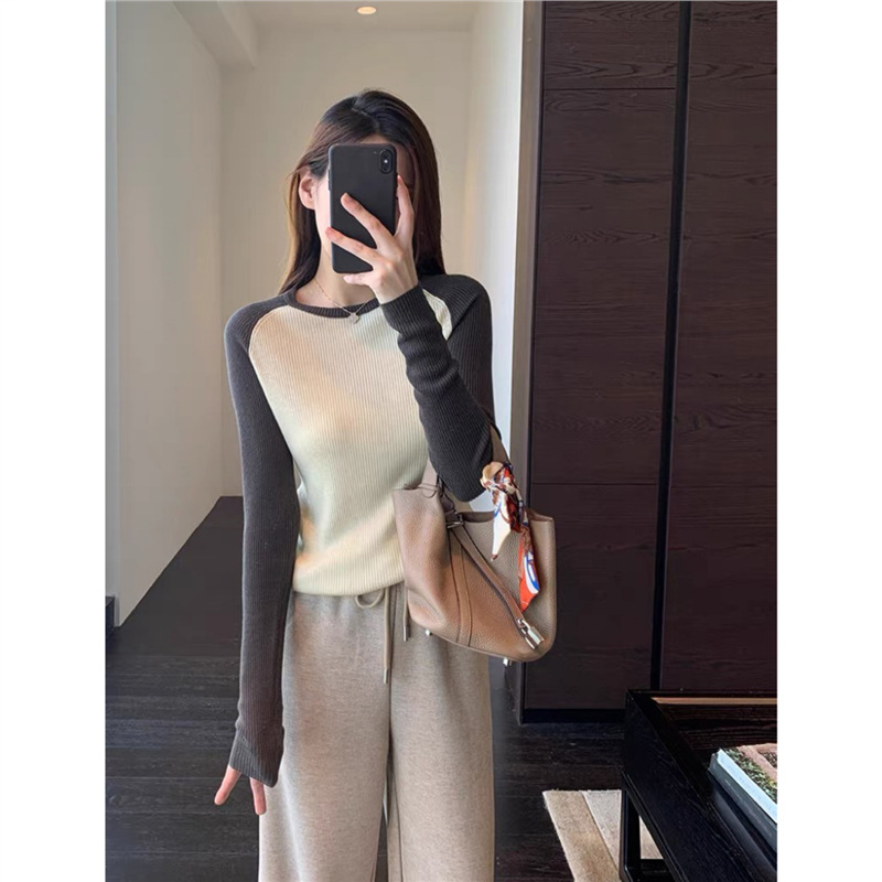 时髦拼色！客供纱线柔软修身显瘦针织衫毛衣女打底衫25秋冬新款