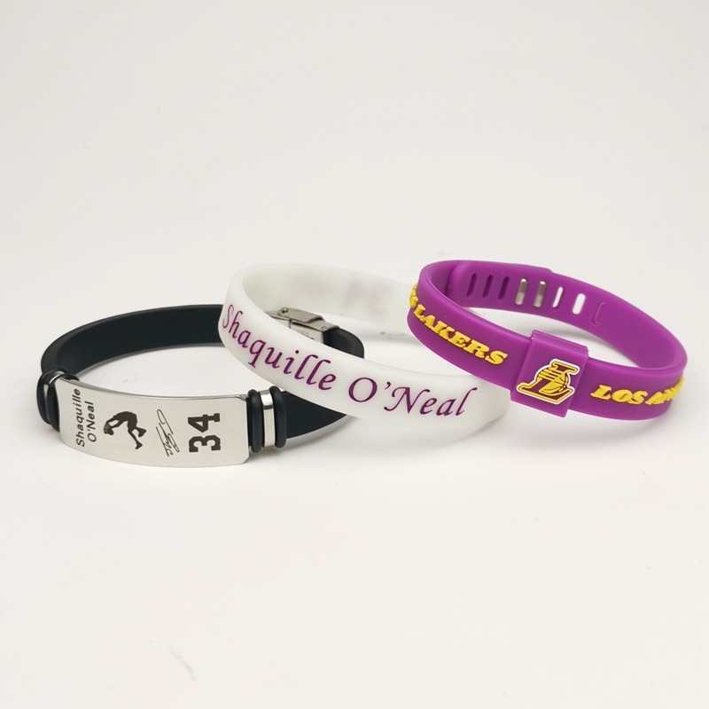 奥尼尔签名夜光白硅胶手环3条装湖人队标金属搭扣调节腕带三件套