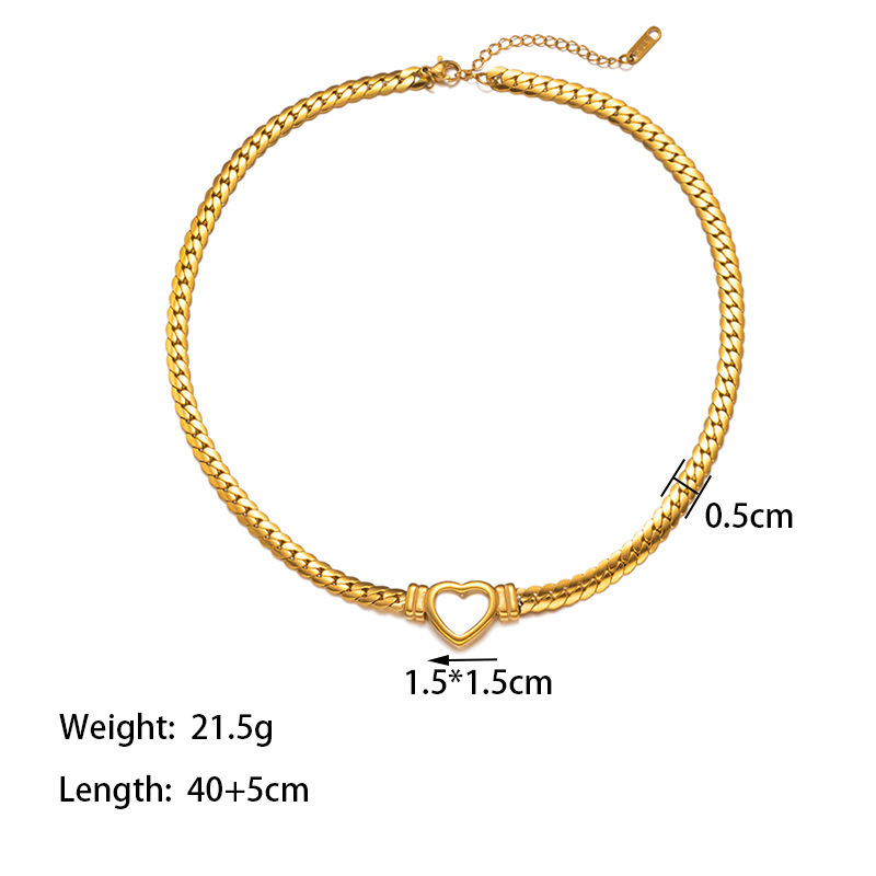 Collar con colgante de corazón de cadena cubana plana de acero de titanio chapado en oro, nuevo y moderno de Lina Girl para mujer._voghion.com