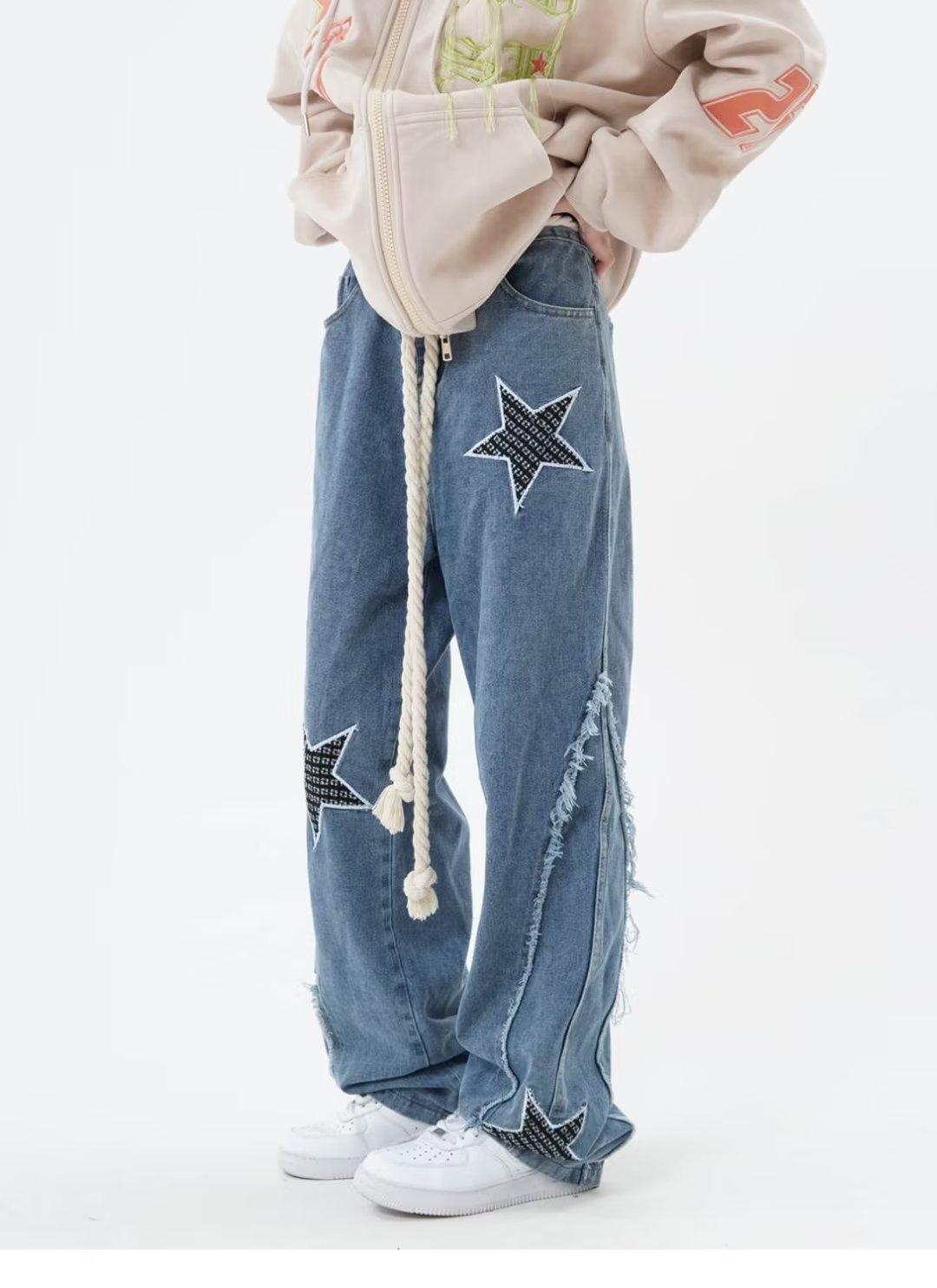 High Street Flared Ripped Light Blue Jeans Couple Loose Patchwork Casual Pants Men Hip Hop 2025 Trend_viptrois.com