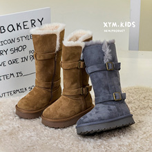 2025年冬季新款儿童时尚双皮扣加绒加厚女童雪地靴兔毛一体大长靴