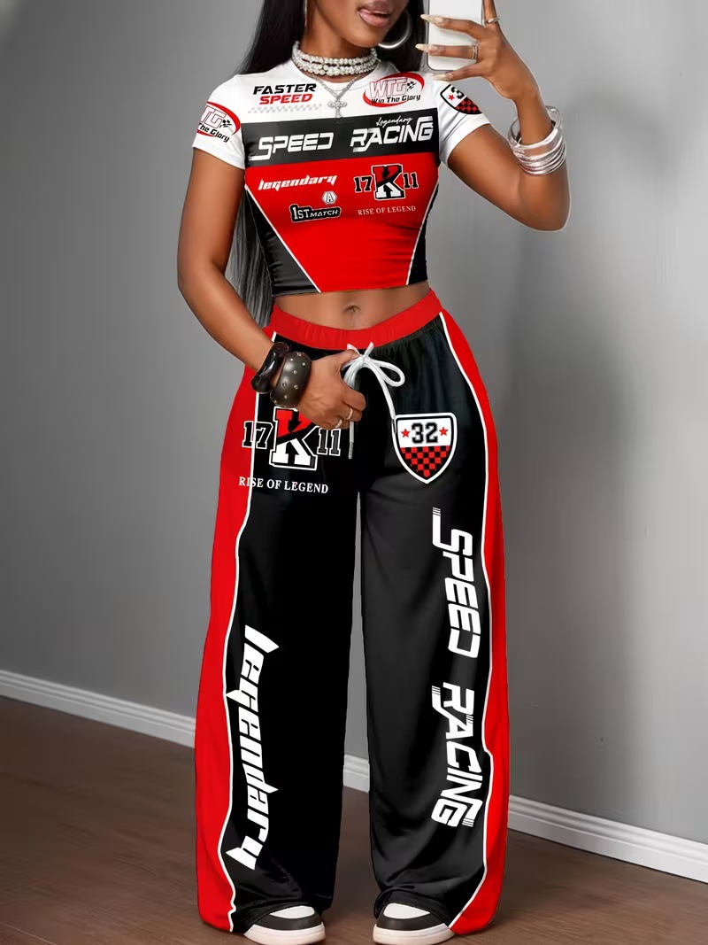 Y2K Women's Two Piece Set Style Digital Print Short T-Shirt Wide Leg Trousers Spring Summer Sexy_ecoleips.com