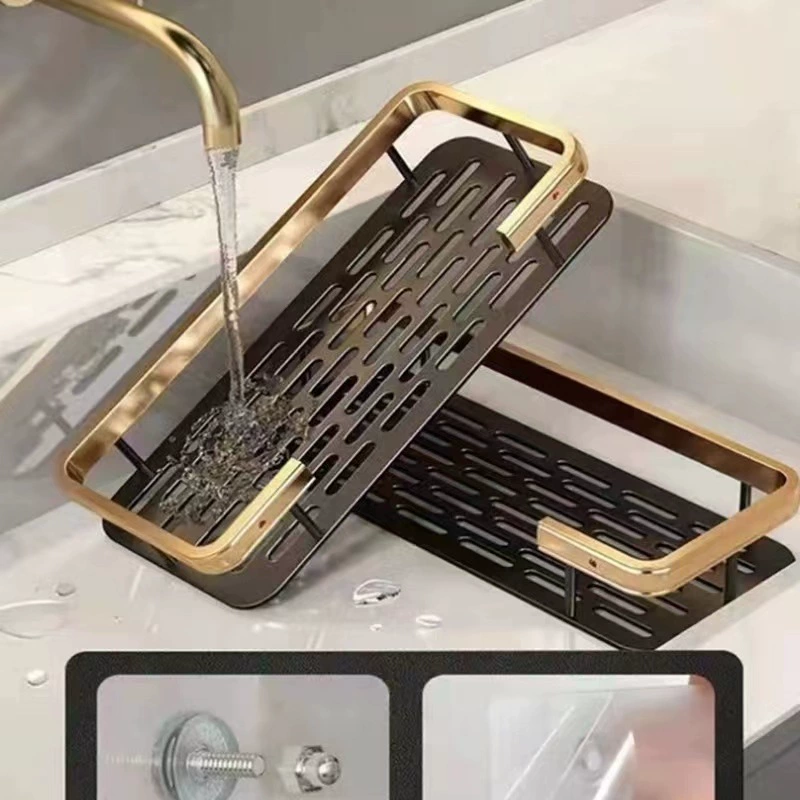 Wall-Mounted Bathroom Shelf, gold & black no-drill stainless steel rectangular, single or double layer
