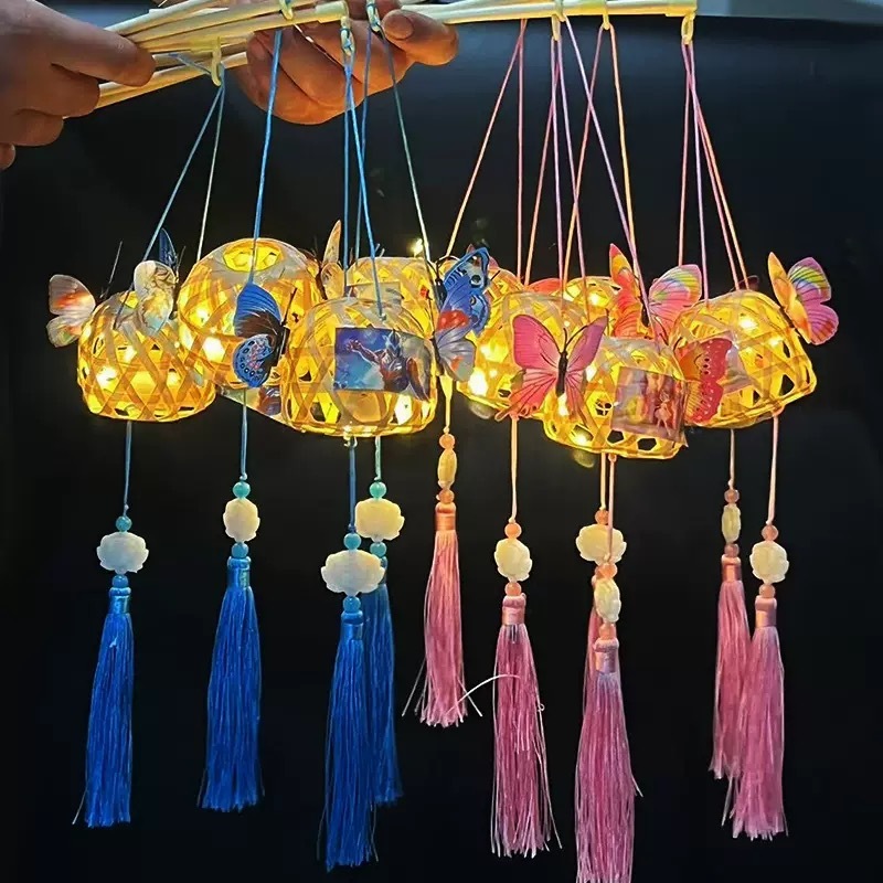 2025热卖蛇年灯笼中秋节仿竹编灯笼花灯儿童手提兔子发光荷花灯笼|undefined