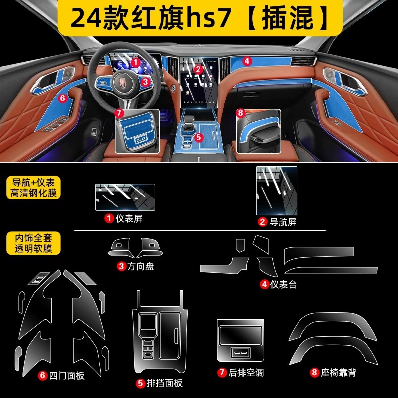 24 новых защитных пленок для интерьера Hongqi HS7 PHEV, закаленная пленка для центрального управления, принадлежности для модификации автомобиля.