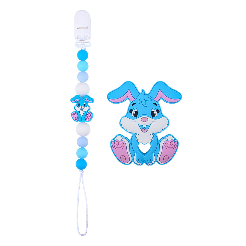 Amazon nuevo bebé suministros de dibujos animados conejo de silicona juguete mordedor pezón anti-gota cadena molar traje