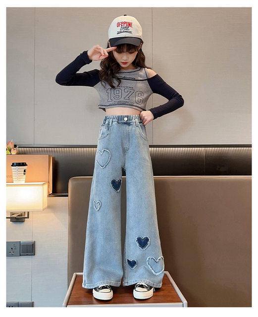 2023 New Girls Jeans Pants Size 12 Girls Wide-Leg Jean Pants Heart