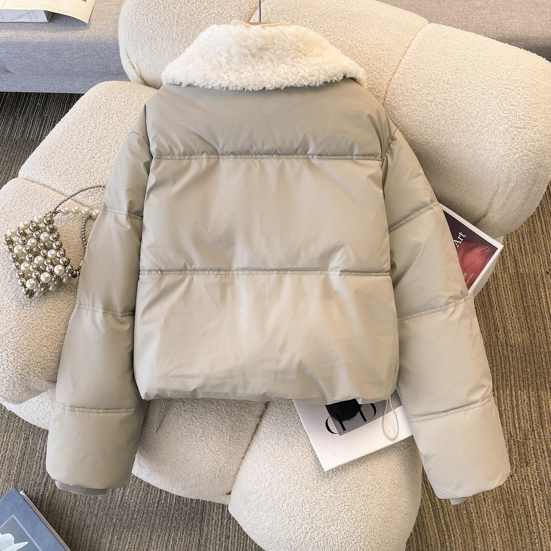 Faux Leather down Cotton Jacket for Women, Winter 2025 New Style, Lamb Wool Collar, High-End Short Thick Cotton Coat