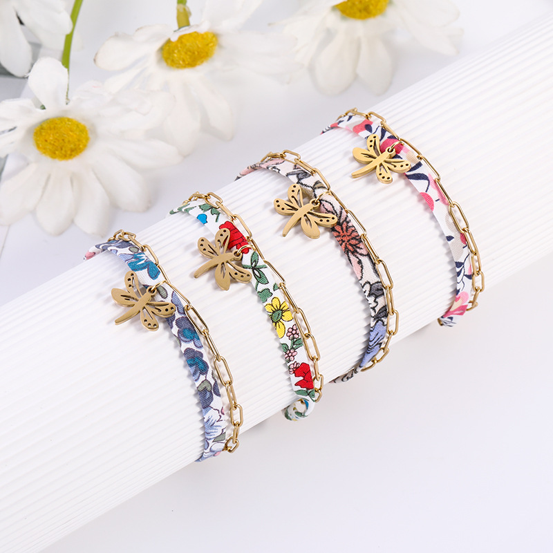7g Weight 304 Stainless Steel Pendant Material Bracelets Classification 304 Stainless Steel, Cloth Chain Material Silk Scarf Cord, Paperclip Chain Chain Type 1 Piece Quantity Ethnic Style Dragonfly 304 Stainless Steel Bandana Cloth Silk Scarf Cord Paperclip Chain Beaded Bracelets Wholesale