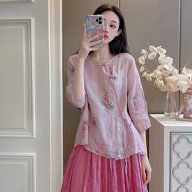 新中式盘扣上衣女2025夏季新款文艺复古禅意清冷茶歇茶服亚麻小衫