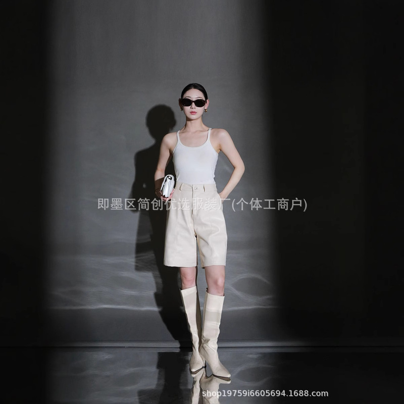 Leather Shorts Women's 2025 New Spring and Autumn Handsome High Waist Sheepskin Straight Pants Autumn and Winter Leather Pants Wide Leg Pants