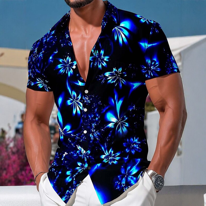 Cross-Border Black Background Blue Light Flash Floral Print Cuban Collar Men's Vacation Trendy Short-Sleeved Shirt in Stock