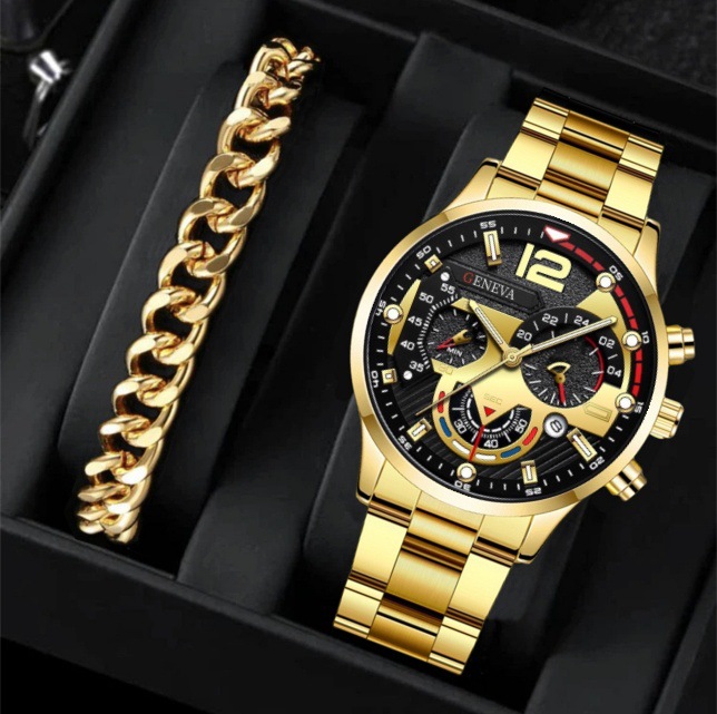 Foreign trade new fashion business men's watch calendar watch men's steel band wrist watch business cross-border explosive bracelet set