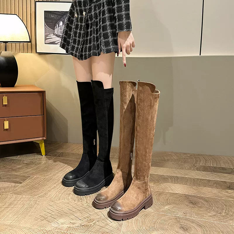 显瘦过膝靴女2023秋冬新款百搭弹力高筒靴粗腿胖MM长筒靴厚底长靴