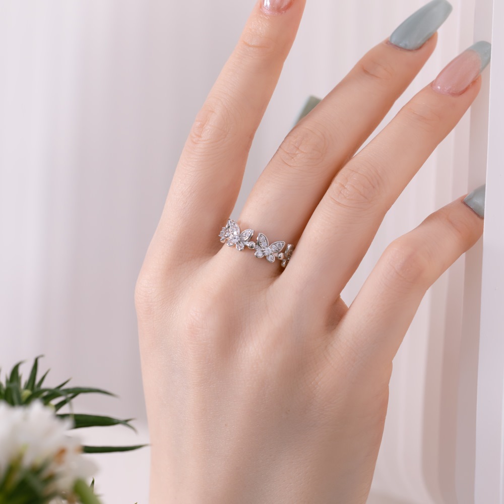 5g Weight Zircon Inlay Material Open Rings, Rings Classification 6, 9, Adjustable Ring Size 1 Piece Quantity Daily, Tea Party Occasion 925 Sterling Silver Material Butterfly Pattern Women's Gender Inlay Design Sweet, Shiny Style 925 Sterling Silver Zircon Butterfly Open Rings Rings 4