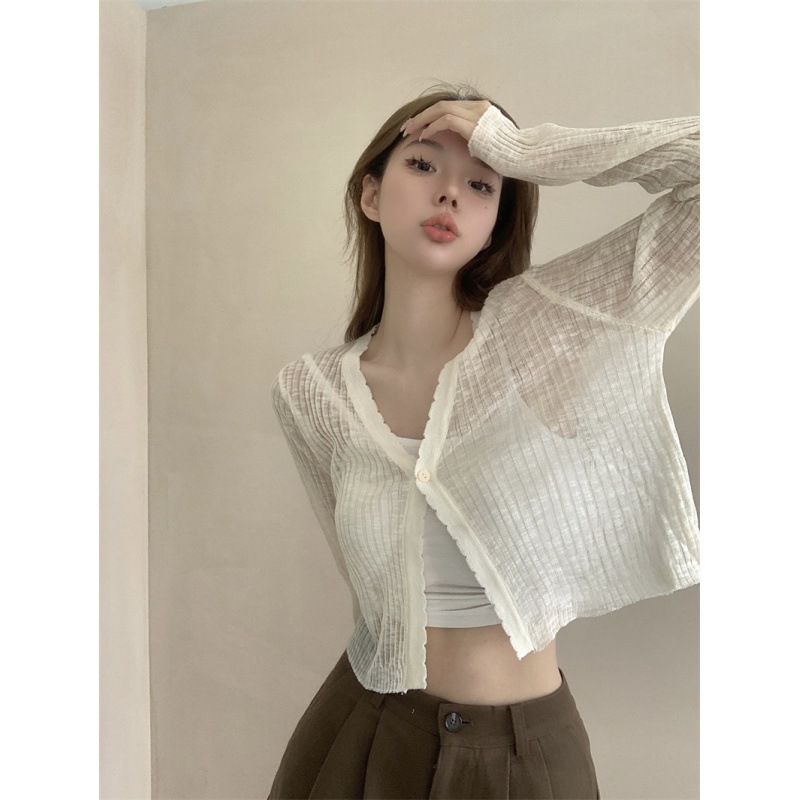 White Ice Silk Shawl with Short Sun Protection Knitted Cardigan Thin Women's Summer French Waistcoat Blouse Jacket
