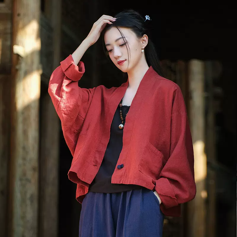 25秋棉麻女装苎麻砂洗做旧衬衫上衣女文艺复古拼色盘扣短开衫外套