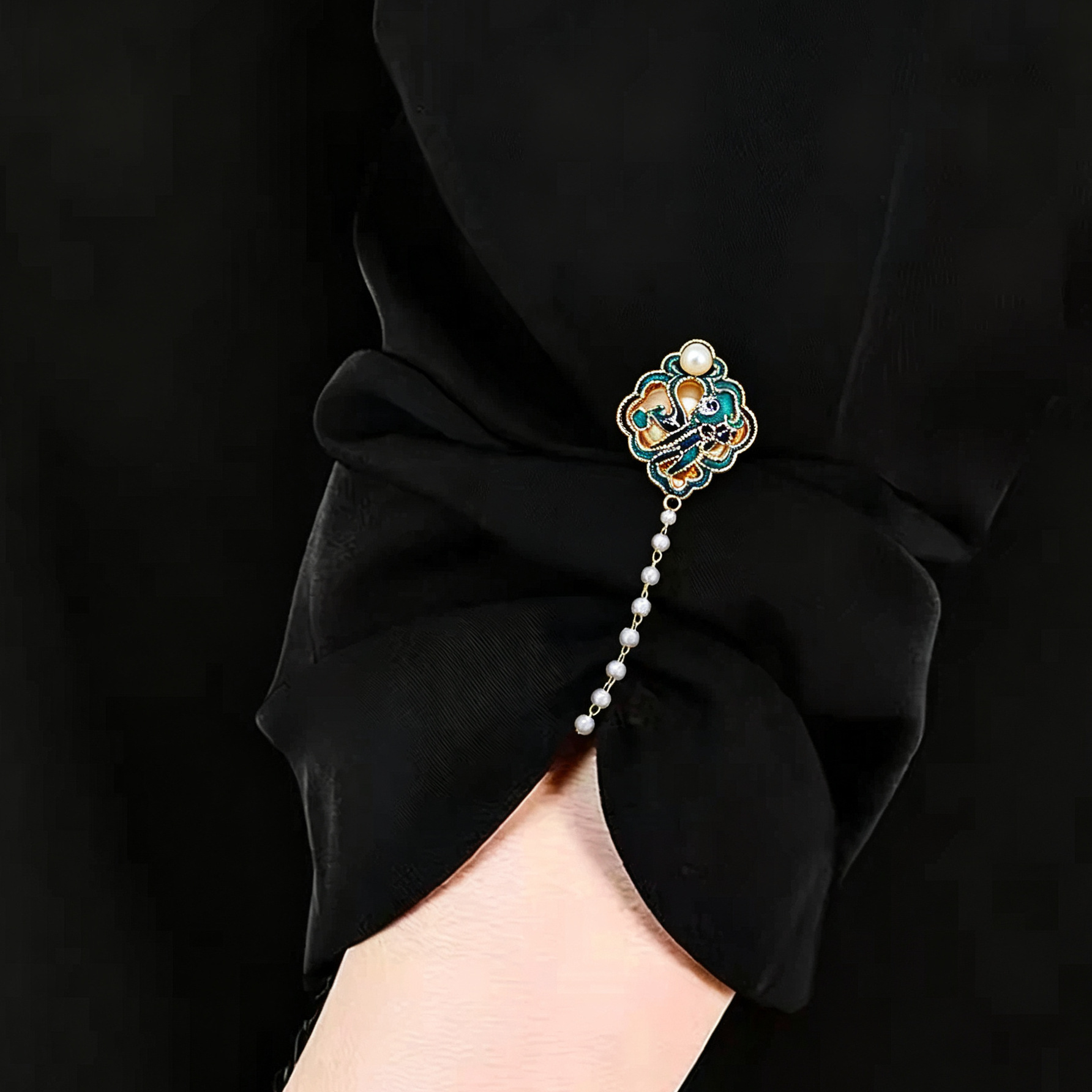 New Chinese-style enamel phoenix brooch, vintage pearl chain pin, Hanfu and cheongsam accessory, anti-slip clasp