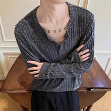 cleanfit灰色正肩长袖t恤男秋季高级感亨利领针织卫衣内搭打底衫