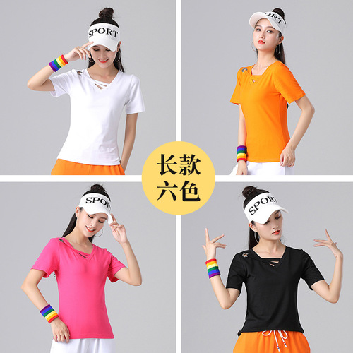 Tingziyi square dance clothing new suit cotton long and short waist T-shirt fitness sports casual dance clothing for women
