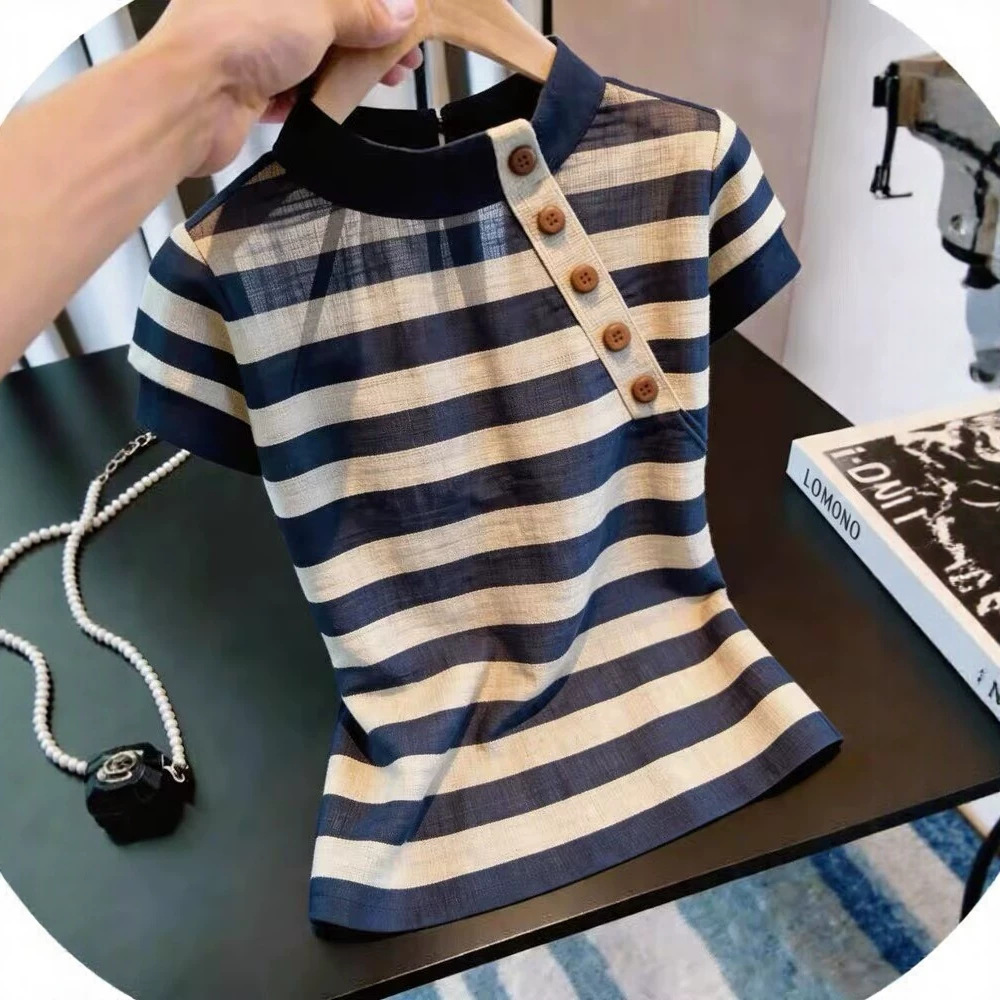 Áo thun nữ cổ tròn sọc ngang tay ngắn phong cách Hàn Quốc — sọc chi tiết 3
