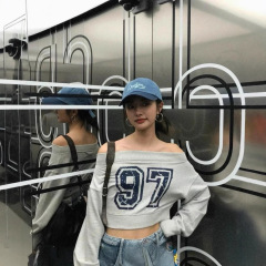 现货博主同款韩国小众潮牌美式字母印花斜肩闪粉短款卫衣女