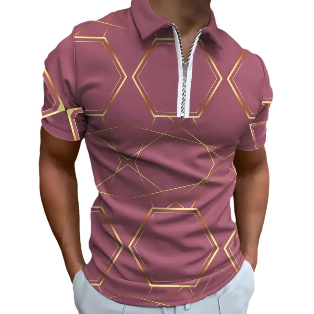 Camisa POLO con cremallera de manga corta con solapa suelta y ancho de hombros de todo fósforo casual para hombres Venta caliente en stock de impresión digital 3D