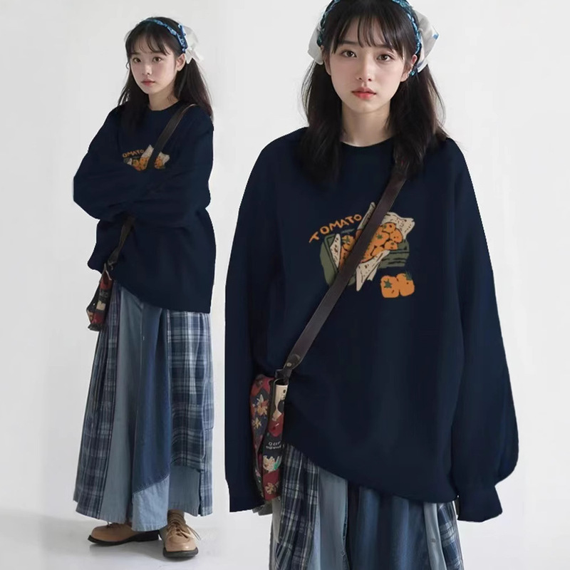 Lazy Style Loose Round Neck Sweat Women's 2024 Fall/Winter New fleece-lined Thickened American Heavy Pullover Top ins