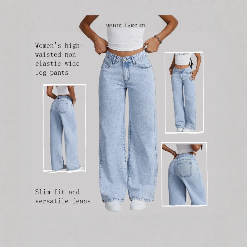 Cross-Border Hot-Selling Women's Non-Stretch Denim Wide-Leg Pants in Light Blue, Versatile and High-Waisted Cross-Border Hot-Selling Women's Non-Stretch Denim Wide-Leg Pants in Light Blue, Versatile and High-Waisted