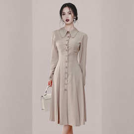 跨境女装2021韩版秋装修身显瘦中长款单排扣风衣式连衣裙