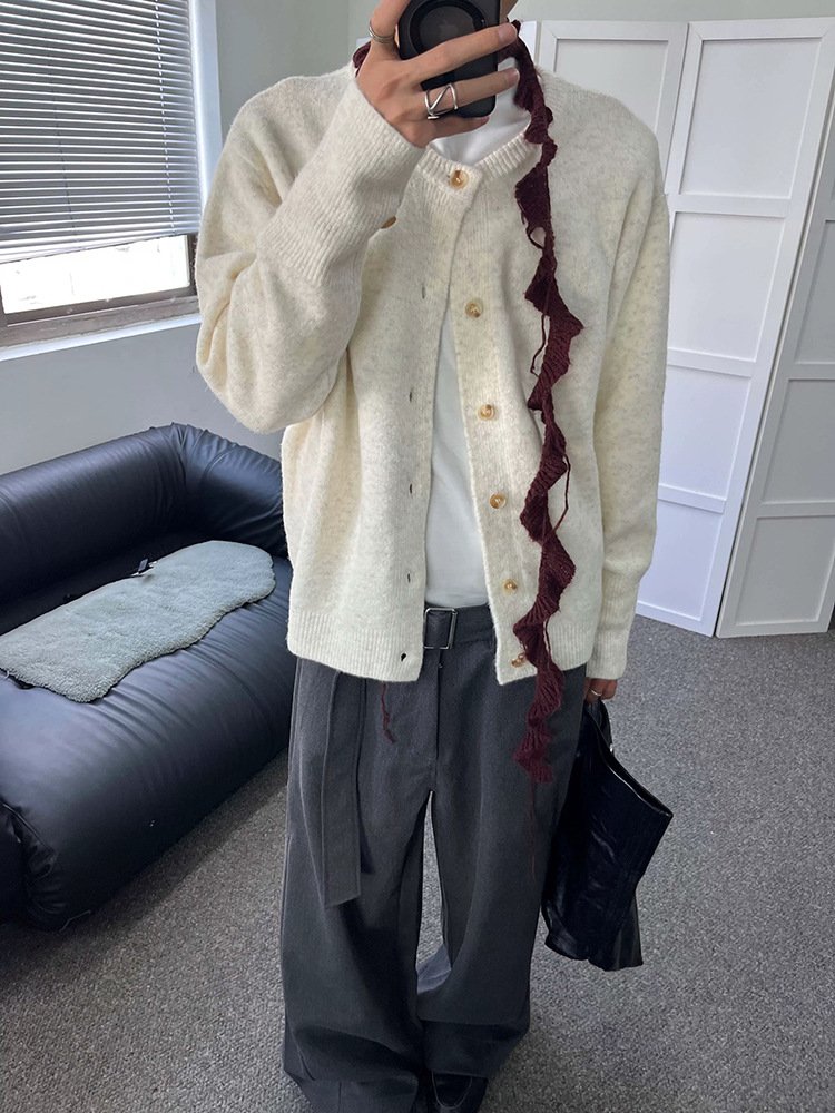 ウール混紡ボタン付きセーターカーディガン、ラウンドネック、秋冬ルーズフィット、万能カップルトップス、秋の新作メンズ