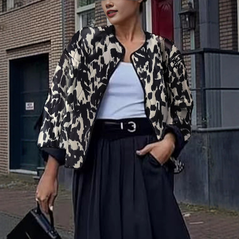 Autumn New European and American Style Women's Casual Fashion Printed Quilted Cotton Jacket with Cow Animal Print
