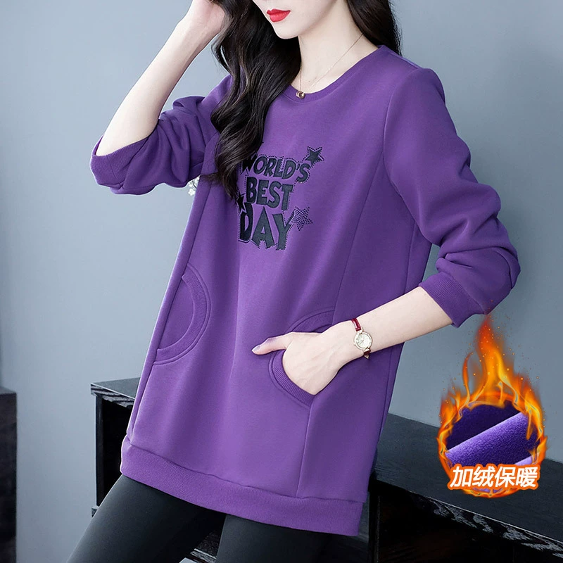 Осенне-зимний утолщенный Свободный свитшот большого размера на флисовой подкладке, спортивное пальто средней длины в западном стиле с вышивкой и нашивкой для полных девочек, одежда для женщин среднего и пожилого возраста
