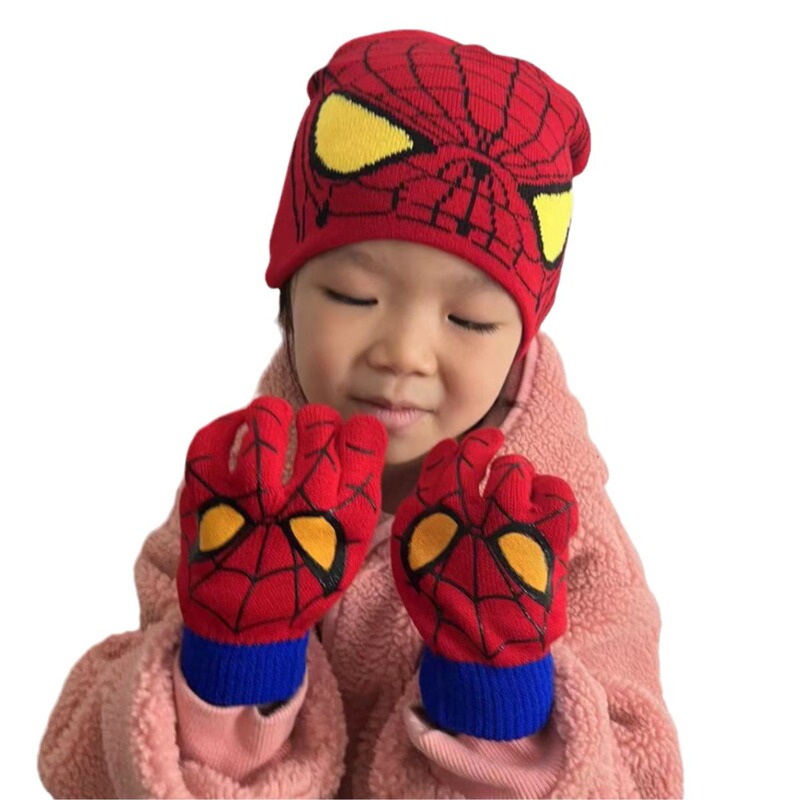 秋冬新型保温帽子手袋マフラー三点セットスパイダーマン漫画子供男の子女の子セット卸売り|undefined