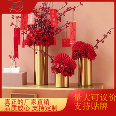 円筒形の金属メッキの花瓶装飾品、モデルルーム、ゴールドの鉄製フラワーアレンジメント、軽くて豪華なソフト装飾、新しい中国風