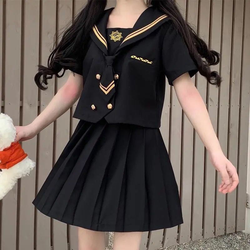 沙河【两件套装】夏季新款黑暗系j制服学院风学生水手领上衣百褶|undefined