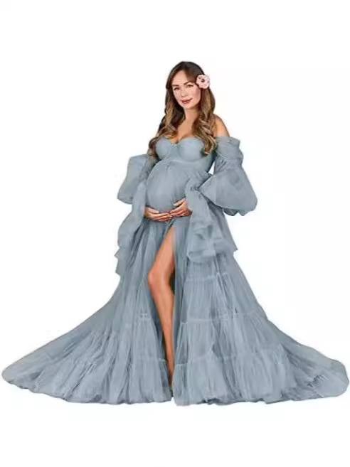 Nuevo cross-border caliente de tela de malla suave para fotos de mujeres embarazadas, vestido de mangas largas, falda de abdomen grande