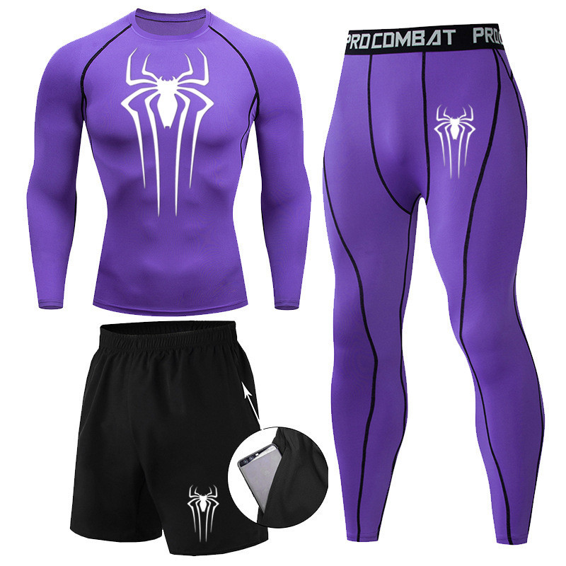 Marca hombres Spider-Man impreso de tres piezas de compresión de secado rápido de manga larga medias corriendo traje deportivo traje de entrenamiento